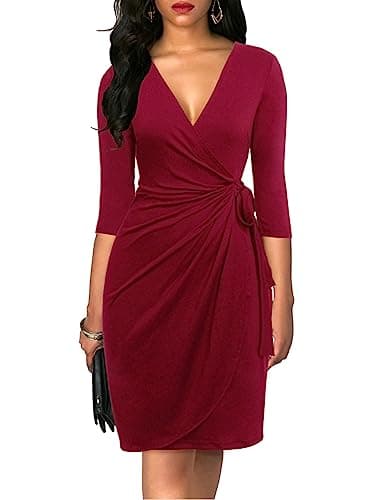 Berydress Women's Vintage Faux Wrap Dress 3/4 Sleeve Knee-Length Solid Stretchy Cotton Sheath Business Wear to Work Dress (L, 6083-Burgundy)