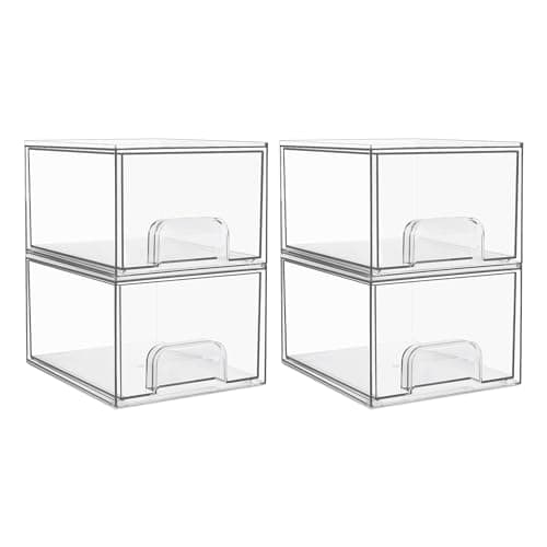 Vtopmart 4 Pack Clear Stackable Storage Drawers, 4.4'' Tall Acrylic Bathroom Makeup Organizer,Plastic Storage Bins For Vanity, Undersink, Kitchen Cabinets, Pantry, Home Organization