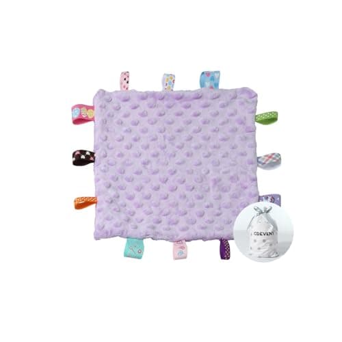 CREVENT Tag Security Blankets for Babies, Soft Small Loveys for Girls, Baby Comforter Sensory Blanket, Great Gifts for Birthday Baby Shower (10"X10" Purple Tag)
