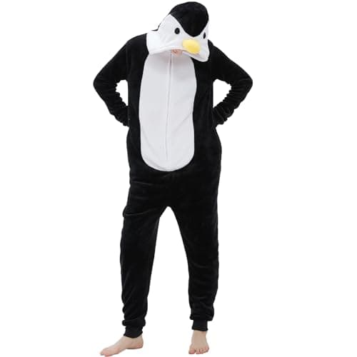 SWEETXIN Adult Unisex Onesie Pajamas Halloween Christmas Cosplay Costume Suit for Women and Men (Medium, Black Penguin)