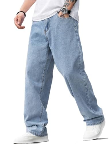 LuminBlaze Baggy Jeans for Men Y2K Streetwear Vintage Wide Leg Loose Fit Denim Pants Hip Hop Skater Carpenter Jeans Light Blue