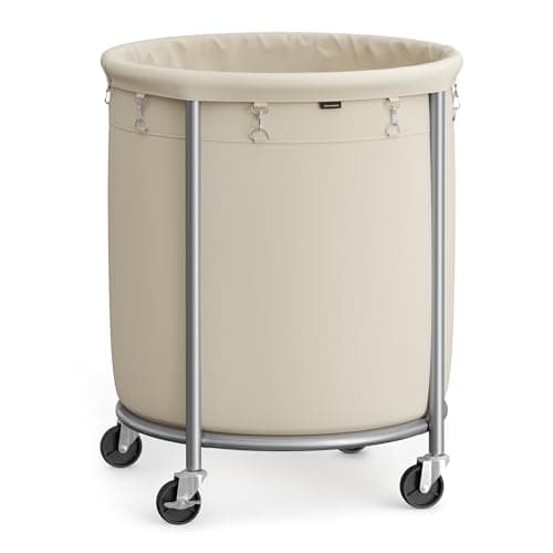 SONGMICS 50.2-Gallon (190 L) Laundry Basket with Wheels, Rolling Round Heavy-Duty Laundry Hamper Cart with Steel Frame and Removable Bag, 2 Locking Wheels, Cream White and Metallic Silver URLS01MZ