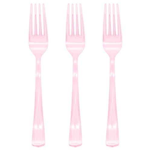 50 Pcs Clear Pink Plastic Forks, Pink Plastic Silverware, Heavy Duty Plastic Cutlery Set Disposable Utensils Sets for Brithday, Wedding, Baby Shower, Bridal Shower