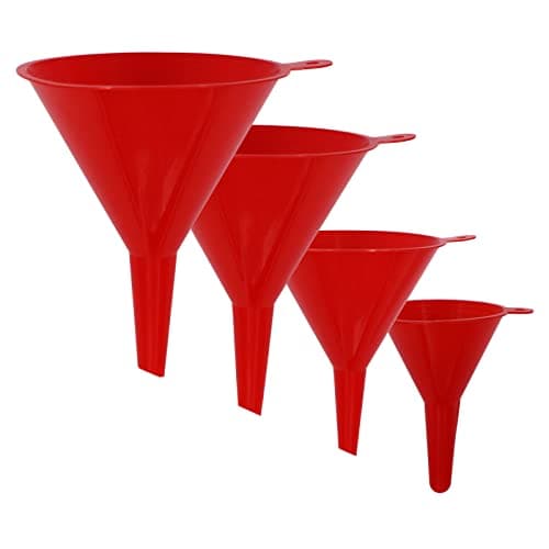 KongNai 4 Pieces Plastic Funnel Set for Kitchen and Automotive Use, Mini, Small, Medium and Large Funnel for Filling Bottles, Canning, Cooking, Lab or Car Oil Funnels (Red)