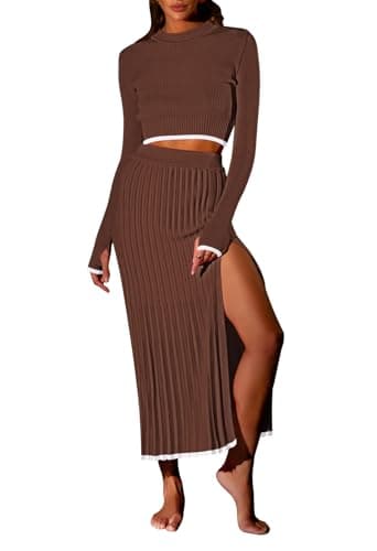 Pink Queen 2 Piece Skirt Outfits for Women Knit Sweater Crop Top Bodycon Party Cocktail Fall Blazer Dresses Chocolate S