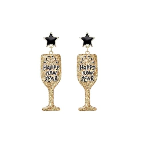 1 Pair Happy New Years Earrings for Women Champagne Earrings Gold Glitter Rhinestone Wine Glass Drop Dangle for New Years Eve Jewelry Gifts Party Holiday