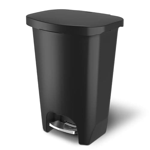 Glad Premium 13 Gallon Trash Can - Plastic Kitchen Waste Bin with Odor Protection of Lid, Stainless Steel Step On Foot Pedal and Garbage Bag Rings, Black