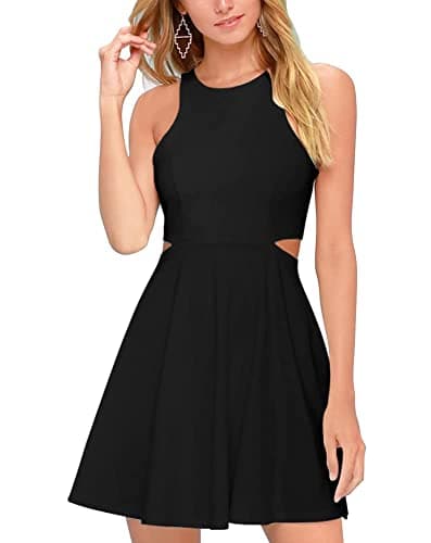 BELONGSCI Women 2024 Sweet and Cute Sleeveless Racerback Flared Swing A-Line Waist Hollow Out Summer Short Dress Black