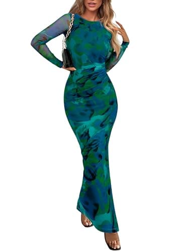 PRETTYGARDEN Women's Bodycon Maxi Dress Fall Spring Fashion Long Sleeve Floral Print Tight Fitted Party Club Ruched Dresses (Green,Medium)