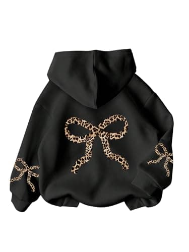 RoseSeek Girl's Bow Cheetah Leopard Hoodies Long Sleeve Pullover Tops Preppy Cute Sweatshirts Hoodies Bow Black 16 Years