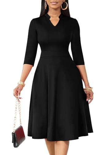 Nmoder Casual Dresses for Women Semi Formal Fit and Flare Dresses 3/4 Sleeve A-line Church Work Dresses with Pockets Black New XL