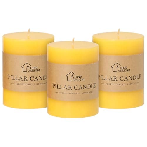 3x4 Inch Yellow Pillar Candles Set of 3 - Decorative Unscented Pillar Candles, Long Burning Dripless Candles for Table Decor, Smokeless Large Pillar Candles for Wedding, Dinner, Rustic Home Decor