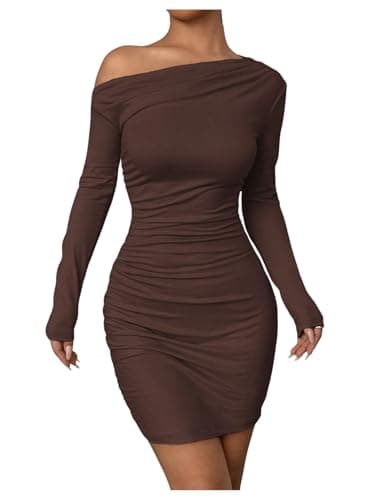 SOLY HUX Women's Ruched Bodycon Mini Dress Off The Shoulder Long Sleeve Fall Dresses Pure Coffee Brown Small