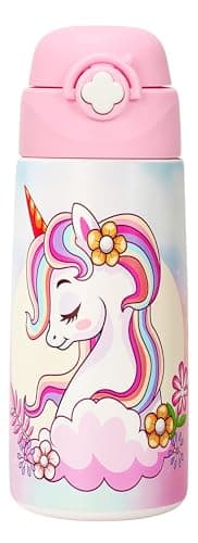 Ntswasd Girls Insulated Water Bottle with Covered Pop-Up Straw,16 oz Kids Cups with Stainless Steel Leak Proof for School Pink（Unicorn）