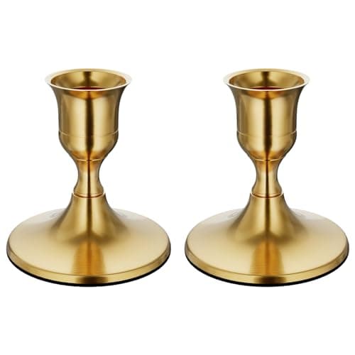 zeochyni Brass Gold Taper Candle Holders Set of 2, Vintage Metal Candlestick Holders for Dinner Room Table Centerpiece or Mantel Wedding Party Decor