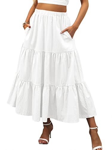 ANRABESS Women’s Summer Boho Flowy Swing Tiered A-Line Midi Skirt 2025 Fashion Trendy Elastic Waist Pleated Long Beach Dress with Pockets White Small