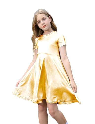 Shekavarld Gold Metallic Dresses for Girls Kids Shiny Party Dress Halloween Clothes, 8 9 Years