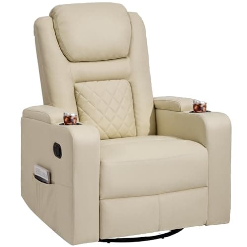 YITAHOME Swivel Rocking Recliner with Massage and Heat, Hidden Arm Storage, Faux Leather Rocker Recliner Chairs with Cup Holders, Comfy Home Theater Seating, Manual Recliner for Living Room, Beige