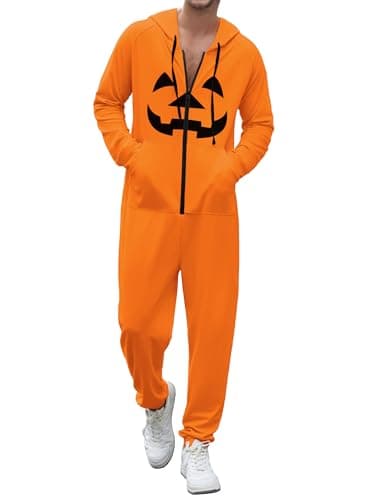 Ekouaer Halloween Onesie Men Hooded Zipper Onesies Soft One Piece Pajamas with Pocket Pumpkin Large