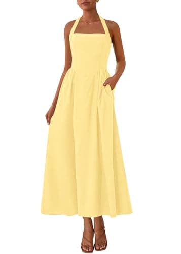 KIRUNDO Women Summer Sleeveless Halter Maxi Dress Sundress 2025 Casual Flowy Wedding Guest Cocktail Beach Vacation Dresses(Yellow, X-Large)