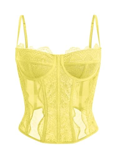 Dealmore Corset Tops For Women Going Out Lace Mesh Date Night Fall Fashion Outfits Clothes Crop Cute Party Strap Tank Light Yellow Large