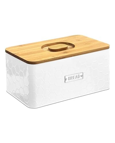 vensovo Bread Box for Countertop – Large White Metal Bread Bin with Bamboo Cutting Board Lid, Farmhouse Bread Storage Container for Homemade Bread, Baked Goods & Kitchen Counter Organization