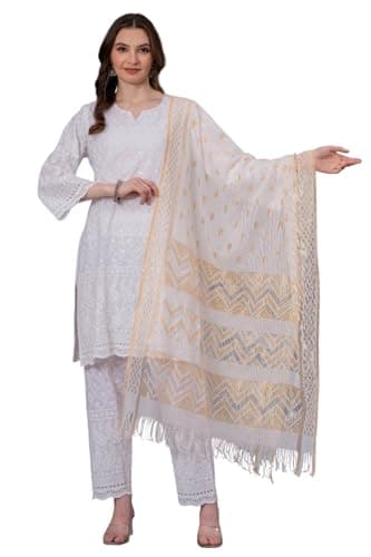 LONIX Women's White Chikankari Kurta Set – Hand Embroidered Cotton Kurti Pant & Dupatta – Elegant Indian Tunic Dress for Summer Weddings Festivals & Daily Wear- XX-Large