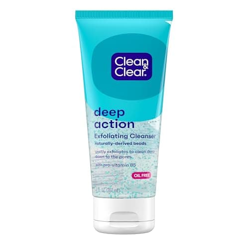 Clean & Clear Deep Action Exfoliating Facial Cleanser, Scrub & Face Wash, Pro-Vitamin B5, Lactic & Glycolic Acids, Oil-Free Gentle Daily Exfoliator for Soft, Smooth, Hydrated Skin, Vegan, 7 Fl Oz Tube