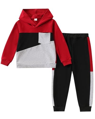 Kxuryueo Boy's Sweatsuit 2 Piece Color Block Hooded Sweatshirt and Sweatpants Set (7-8T)