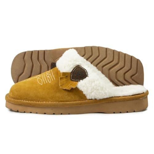 ARIAT Women's Jackie Square Toe Warm Soft Suede Leather Indoor Outdoor Slippers with Plush Collar, Chestnut, 8