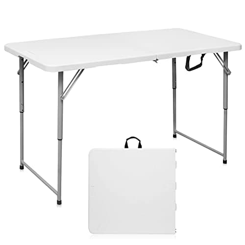 Byliable Folding Table 4 Foot Portable Heavy Duty Plastic Fold-in-Half Utility Table Small Indoor Outdoor Adjustable Height Folding with Carrying Handle, Camping and Party,White