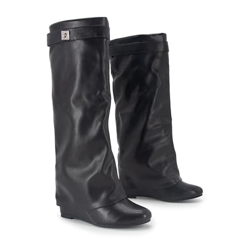 GOGD Fold Over Boots Women's Knee high Shark Boots Pointed Toe Wedge Heel Flat Shoes For Fall Winter Dress Boot