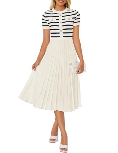 ZESICA Women's Casual Striped Midi Dress Crewneck Short Sleeve Button Ribbed Knit Swing Pleated A Line Dresses,Beige,Large