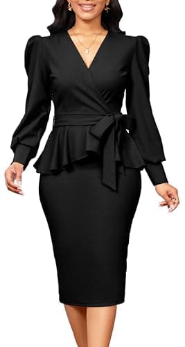 Elegant Black Vintage Dresses for Women Sexy Wrap V Neck Ruched Long Frilled Sleeves Peplum Ruffles Vintage Pencil Dress with Zipper for Business