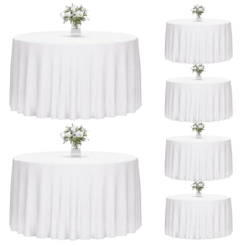 Fixwal 120 Inch White Round Tablecloth, 6 Pack Round Table Cloth Polyester Fabric Washable Table Covers for Wedding, Party, Banquet, Dining, Birthday Events