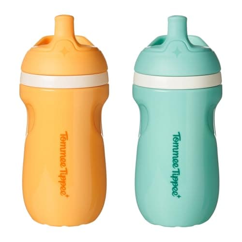 Tommee Tippee Insulated 9oz Sporty Spout Toddler Water Bottle, No Spill, Sippy Cups for Toddlers 1-3, Two-Piece Valve Helps Stop Spills, Light Blue & Orange, BPA Free, Pack of 2