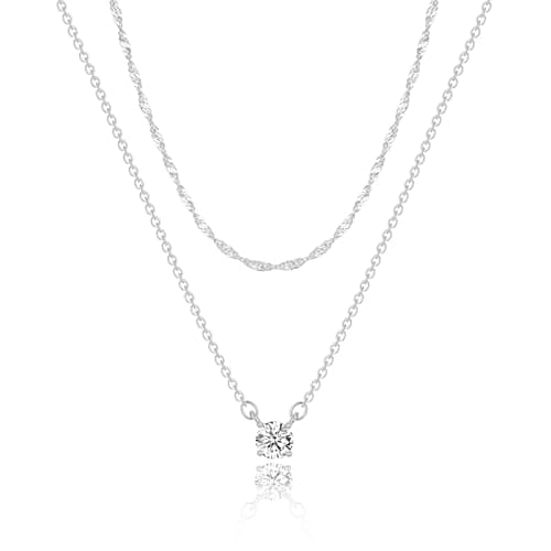 Tewiky Dainty Silver Necklaces for Women, Simple Layered Sterling Silver Plated Cubic Zirconia Pendant Chain Choker Necklaces Fashion Set Jewelry CZ Gifts
