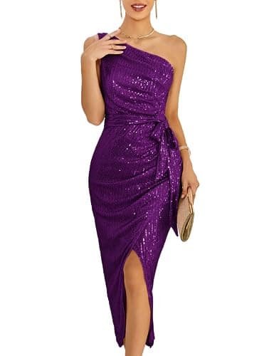 Wedding Guest Dresses for Women Sparkly Glitter Wrap Dress Cocktail Party Wedding Maxi Dresses with Slit Purple L