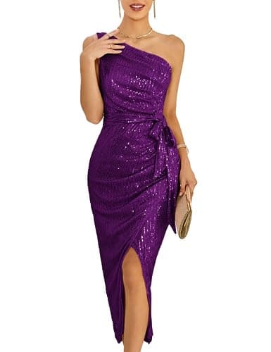 Wedding Guest Dresses for Women Sparkly Glitter Wrap Dress Cocktail Party Wedding Maxi Dresses with Slit Purple L