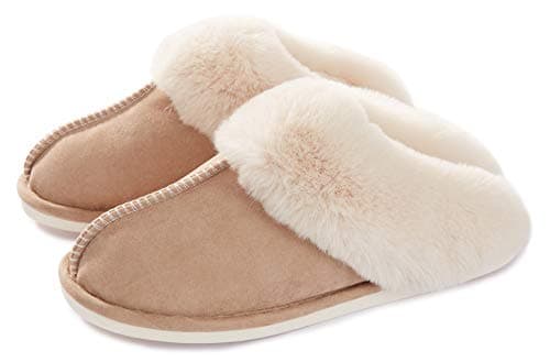 Donpapa Womens Slipper with Memory Foam Fluffy Soft Warm Slip On House Slippers,Anti-Skid Cozy Plush for Indoor Outdoor Tan Large