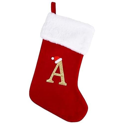 20 Inches Monogram Christmas Stockings with Letters, Large Super Soft Christmas Stockings Red Velvet with White Super Soft Plush Cuff for Christmas Xmas Tree Holiday Fireplace Family Decor Gifts (A)