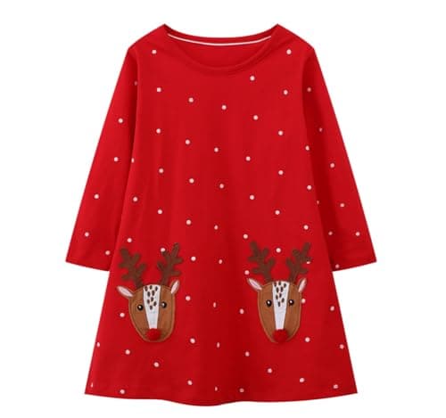 Toddler Girl Christmas Dress Red Dot Deer Elk Santa Applique Long Sleeve Cotton Casual Tunic Shirt Outfits Dresses 4T