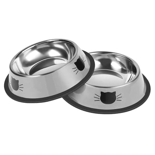 Serentive 2Pcs Cat Bowls Non-Slip Stainless Steel Small Cat Food Bowls Unbreakable Thicken Cat Feeder 7 Oz Cat Dishes Suitable for Indoor Small Pets Removable Rubber Base Easily Clean Lovely Color