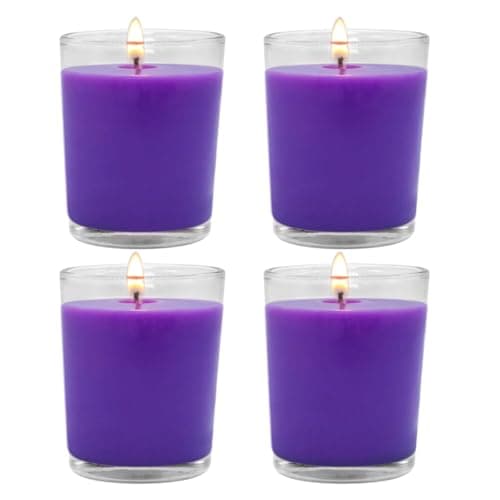 Set of 4 Purple Votive Candles, Clear Glass Filled Soy Wax Lavender Scented Candles for Home Spa Stress Relax and DIY