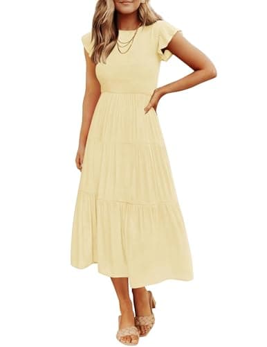 ZESICA Women's 2025 Summer Casual Flutter Short Sleeve Crew Neck Smocked Elastic Waist Tiered Midi Dress,Light Yellow,Medium