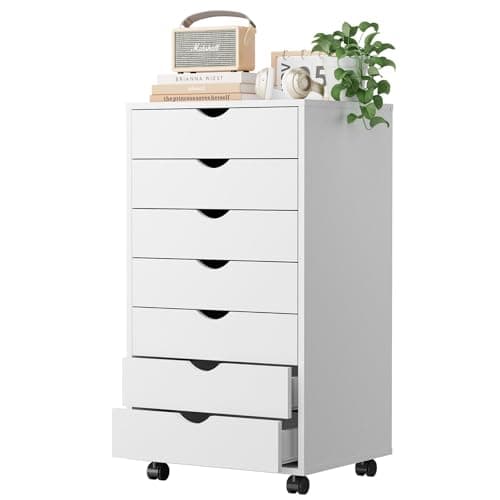 OLIXIS 7 Drawer Chest Wood File Cabinet Rolling Organization Storage Dresser with Wheels for Home Office, White