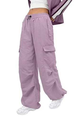 JZC Parachute Pant Women Cargo Pants with Pockets Drawstring Y2K Low Waist Baggy Jogger Track Pant Light Purple M