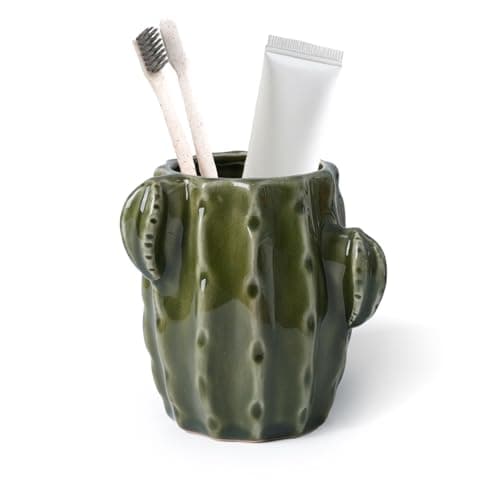 Cactus Toothbrush Holder for Bathrooms，Ceramic Toothpaste Holder Cute Toothbrush Holder Set,for Bathroom Counter and Desk Office Fun Decor Desk Organizer, Makeup Brush Holder - Dark Green