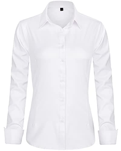 J.VER Womens Dress Shirts Long Sleeve Button Down Shirts Wrinkle-Free Stretch Regular Fit Solid Work Blouse White Small