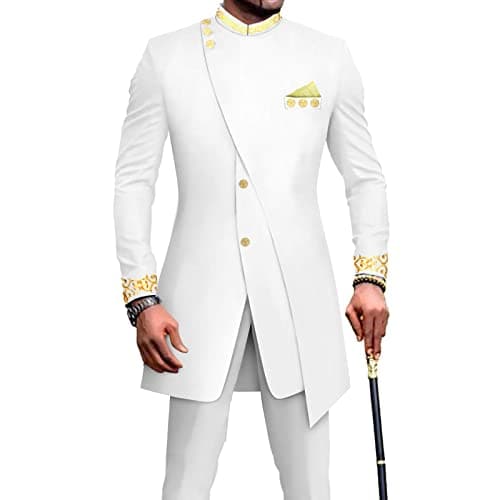 African Suits for Men Slim Fit Embroidery Blazer and Pants Set Business Dress Suit Party Wedding Evening White XX-Large